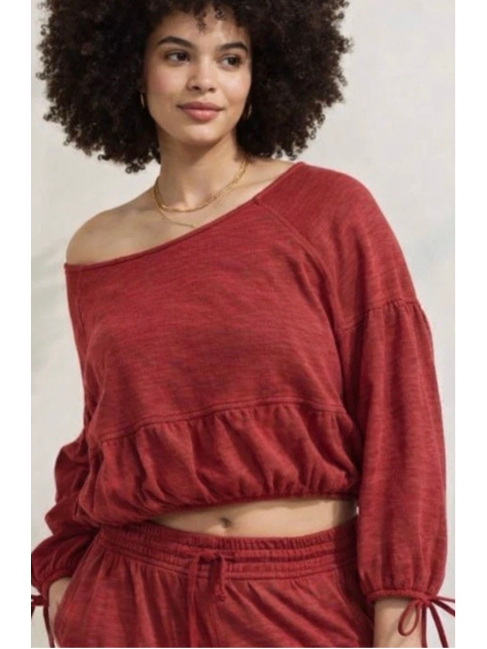 Aerie Endless Summer Cropped Lightweight Sweatshirt Burgundy Red Sz Medium Boho